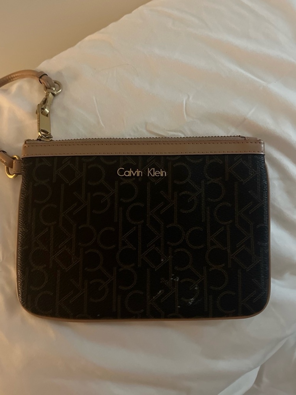 Calvin Klein Black and Tan Signature Logo Wristlet